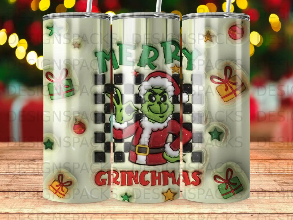Grinchmas tumbler with checkered background and festive gift graphics.