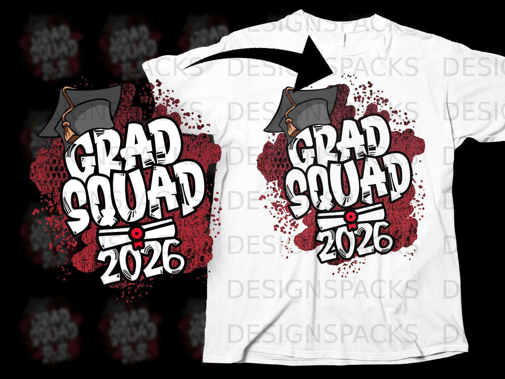 White t-shirt with "Grad Squad 2026" text, graduation cap, and distressed red graphic.