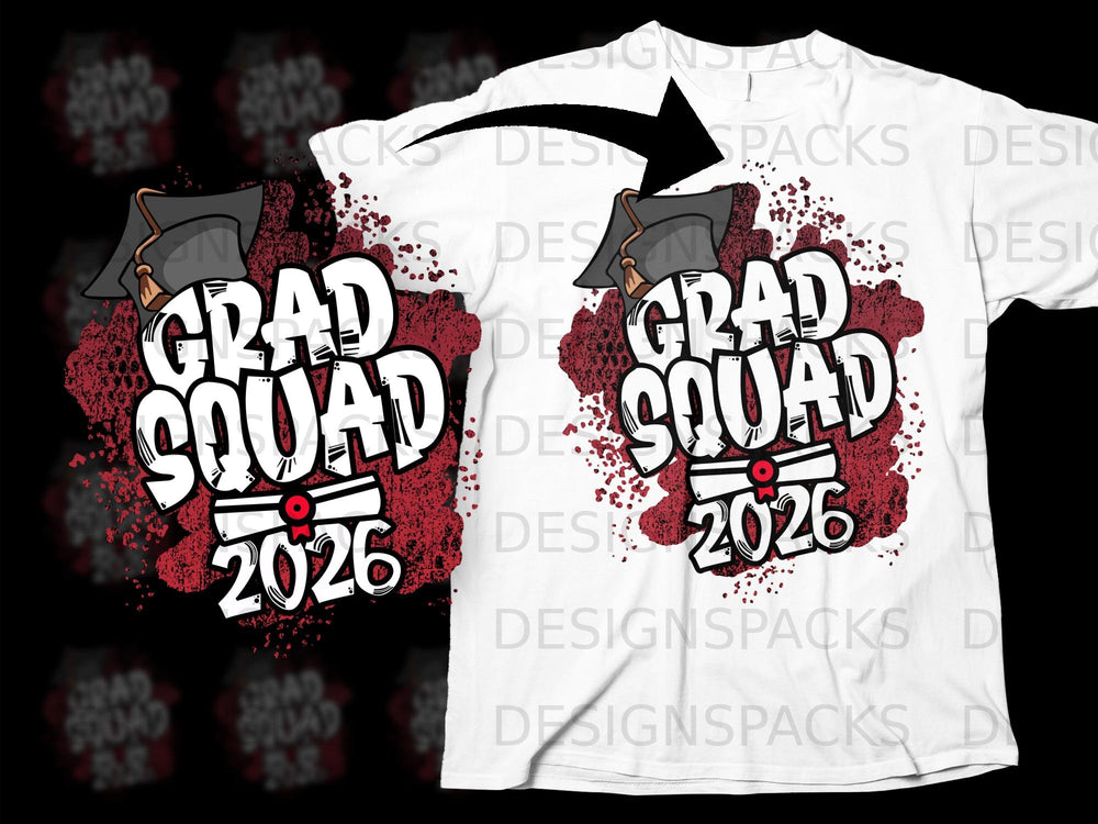 White t-shirt with "Grad Squad 2026" text, graduation cap, and distressed red graphic.