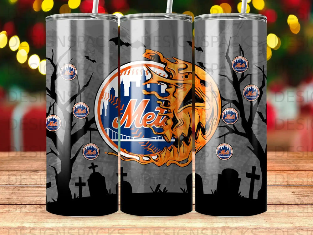 New York Mets logo on a spooky Halloween themed tumbler with gravestones and trees.