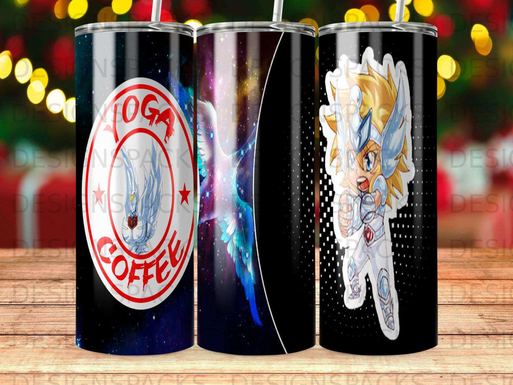 Tumbler with yoga coffee logo, galaxy, and anime warrior.