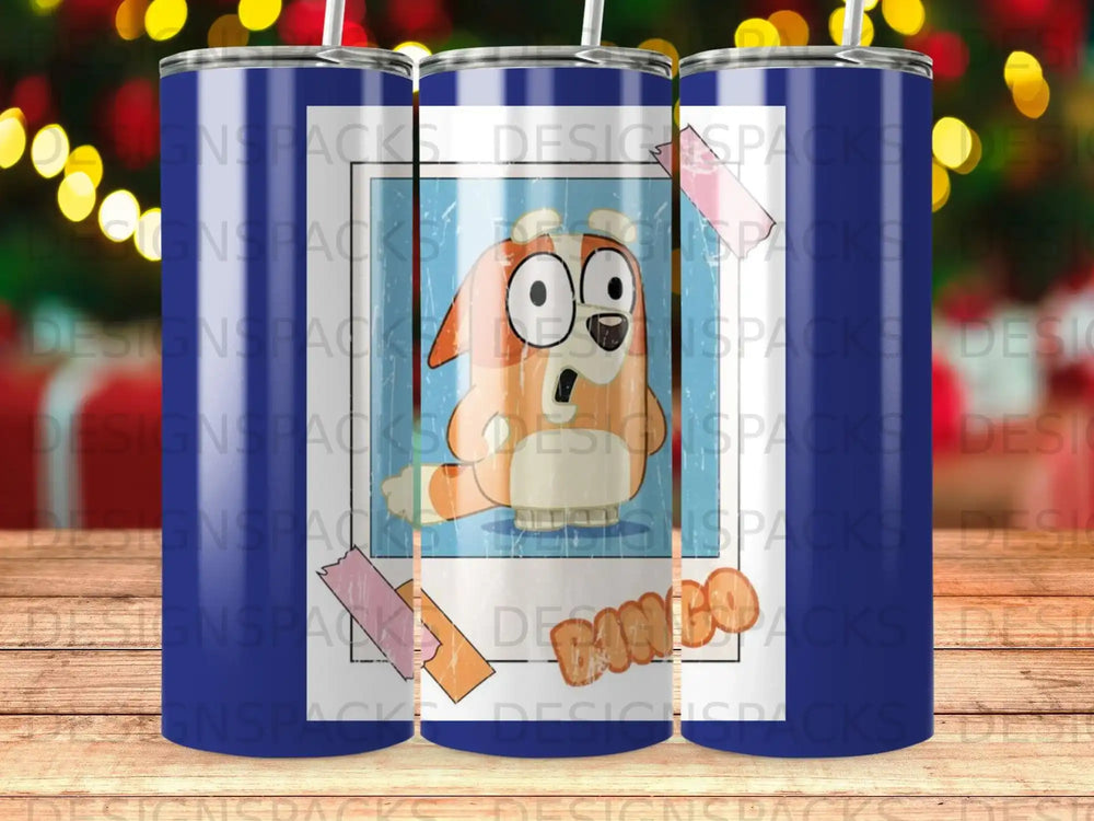 Bluey character on a tumbler with "BINGO" text.