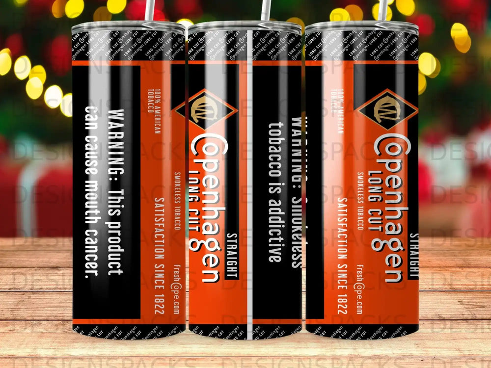Copenhagen Long Cut Straight smokeless tobacco cans with warning labels.