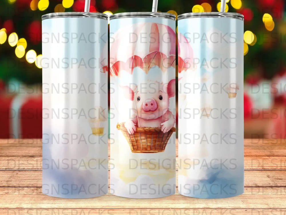 Pig in a hot air balloon basket with clouds and distant balloons.