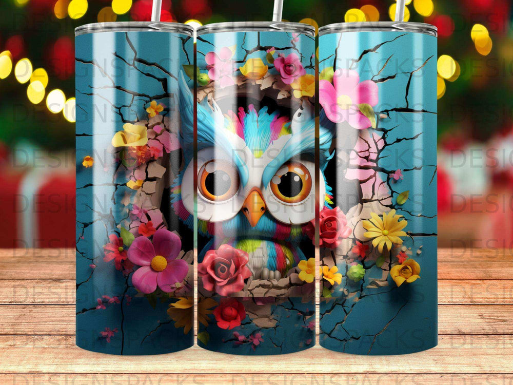 Colorful owl with flowers bursting through cracked blue background.