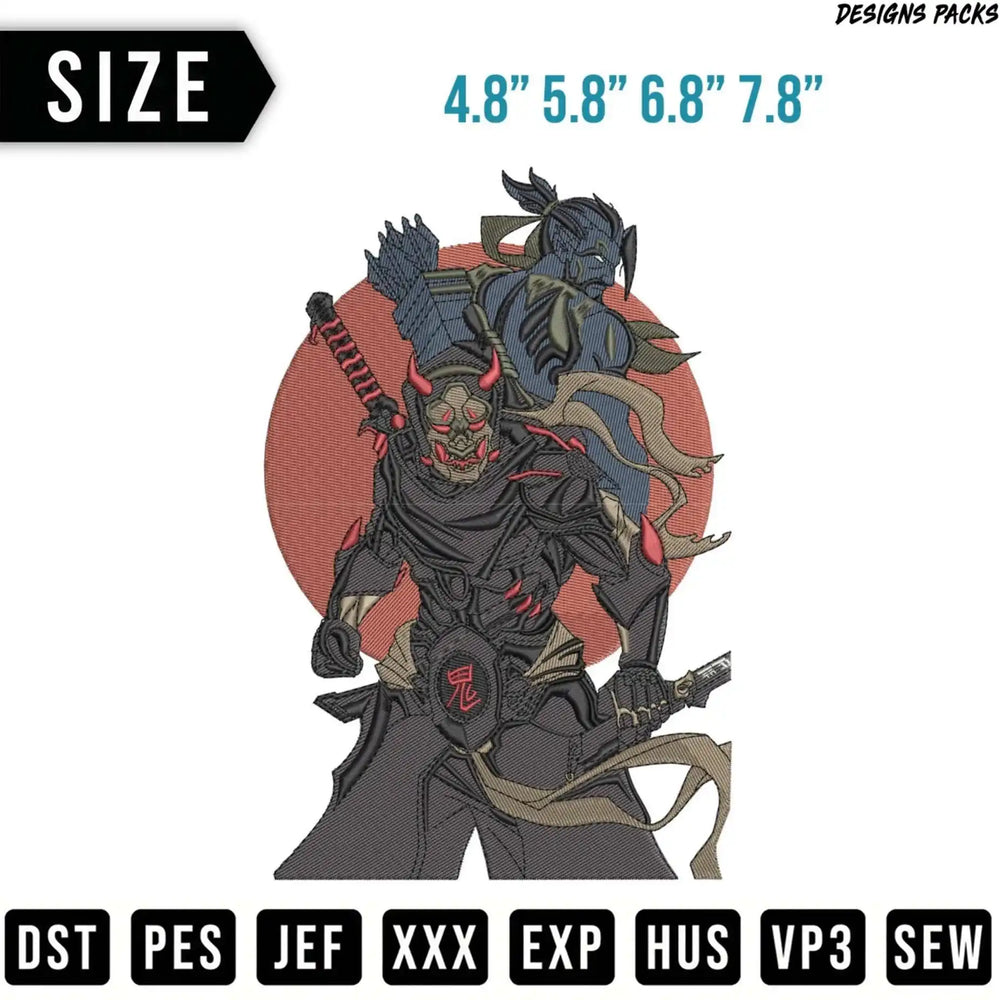 Embroidery design pack featuring a warrior with a red mask and katana.