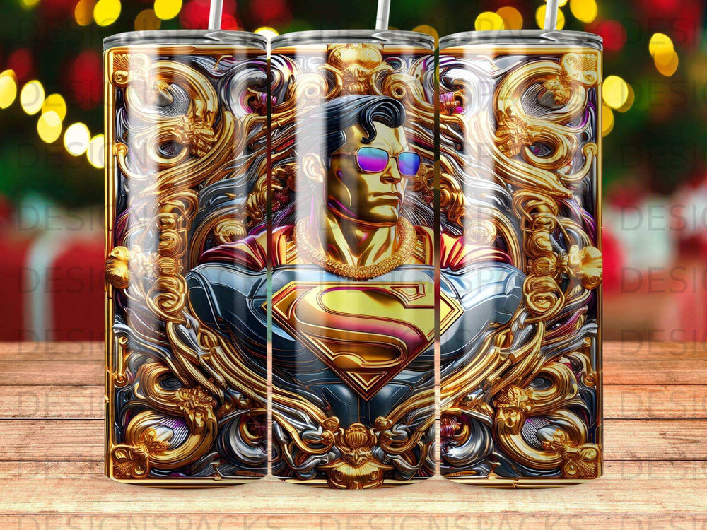 Superman in ornate gold frame, wearing sunglasses, on a patterned tumbler.