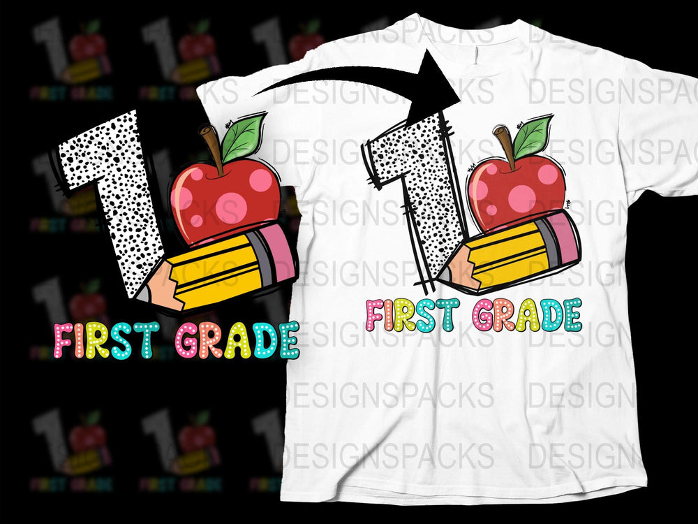 First Grade Teacher T-Shirt, Apple and Pencil Design, Cute Back to School Tee, Colorful Educator Gift, Unisex Graphic Top