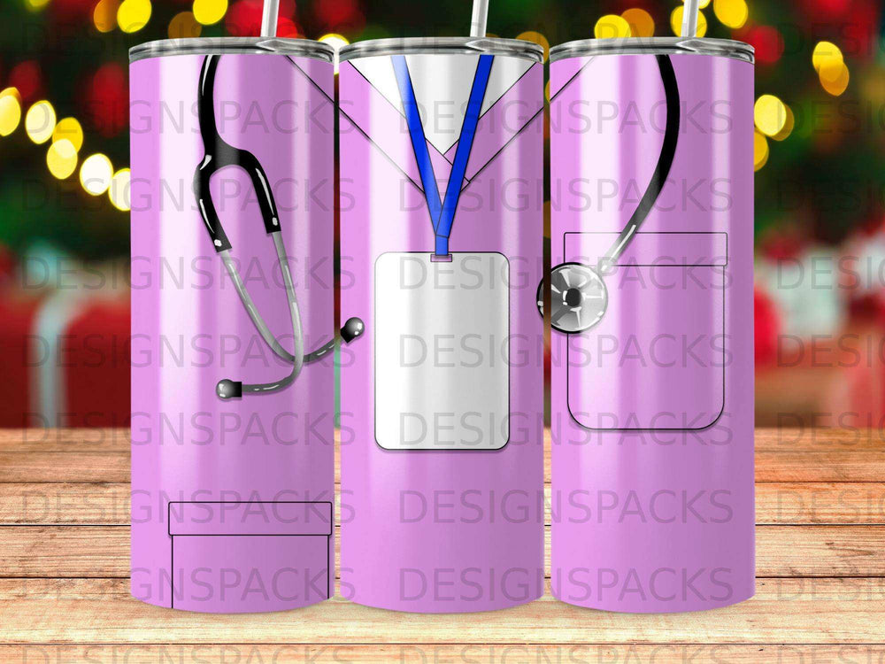 Pink tumbler with stethoscope and medical pocket design.