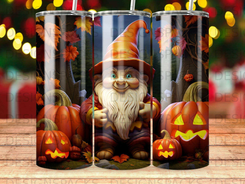 Halloween gnome with pumpkins and autumn leaves on tumbler.