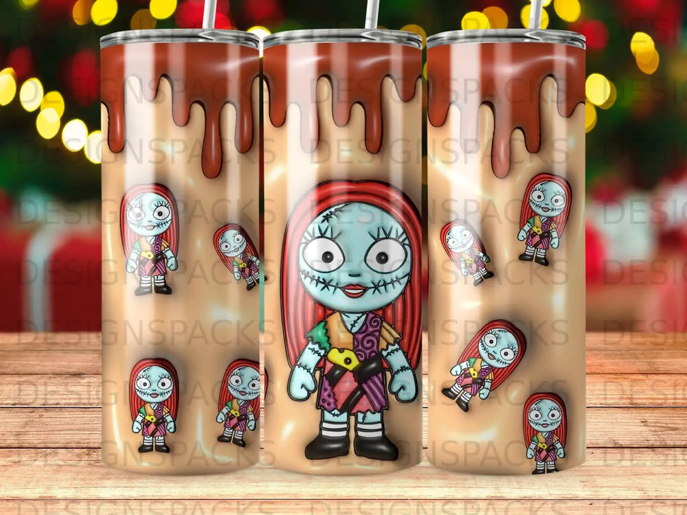 Sally from The Nightmare Before Christmas on a tumbler with chocolate drizzle.