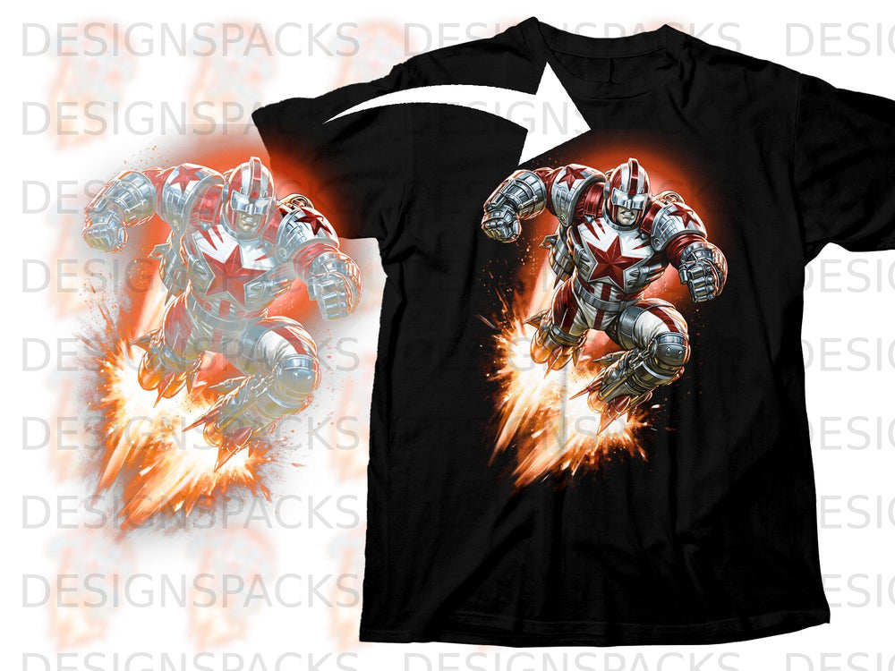 Black t-shirt with comic book style art of a red and silver armored warrior mid-air.