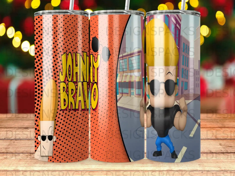 Johnny Bravo cartoon character on an orange patterned tumbler with black polka dots.
