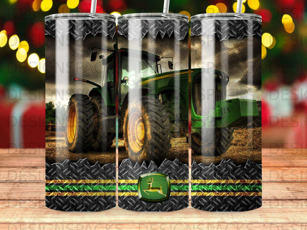 Green John Deere tractor on textured metal background with striped accent.