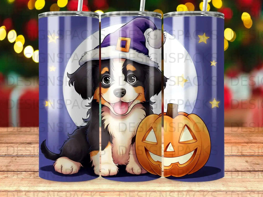 Bernese Mountain Dog in witch hat with pumpkin, Halloween design.