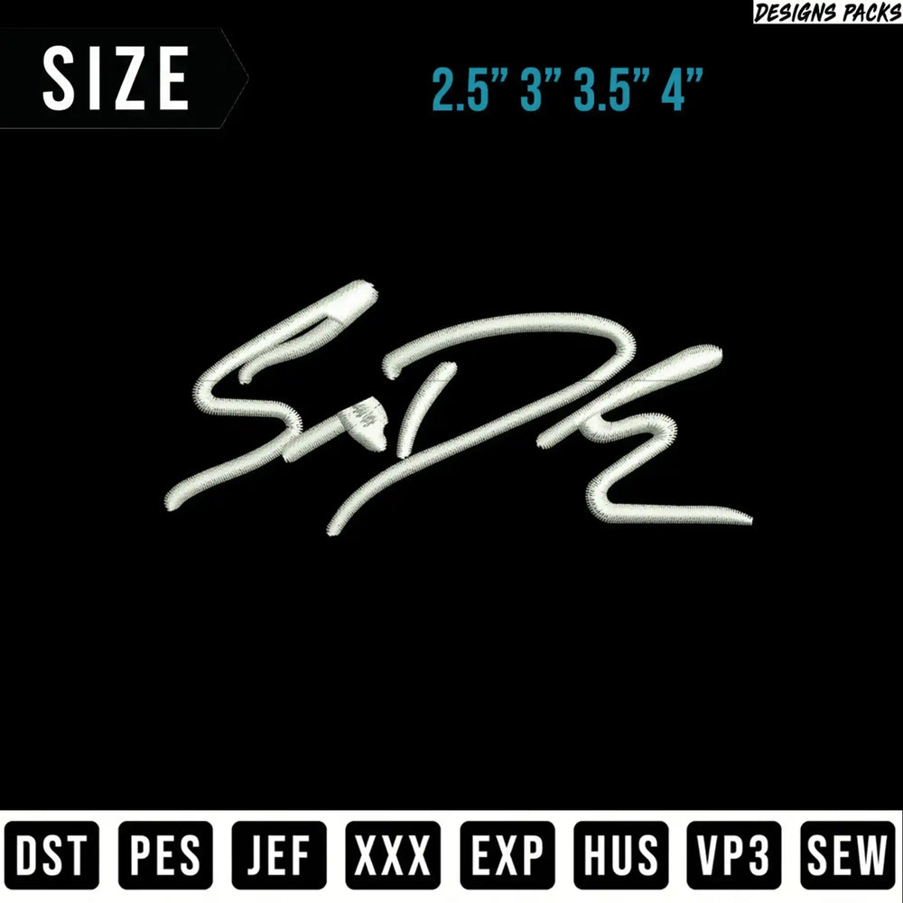 Embroidery design "Sizde" in multiple file formats with size options.