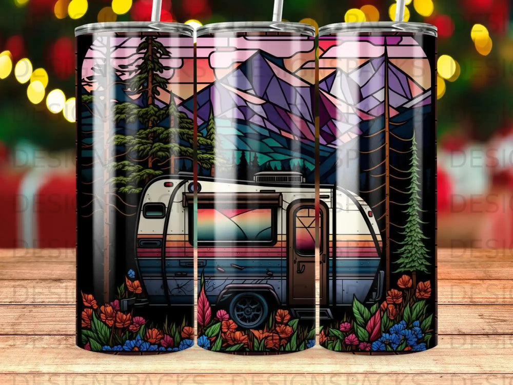 Vintage camper trailer with mountain sunset landscape and floral border.