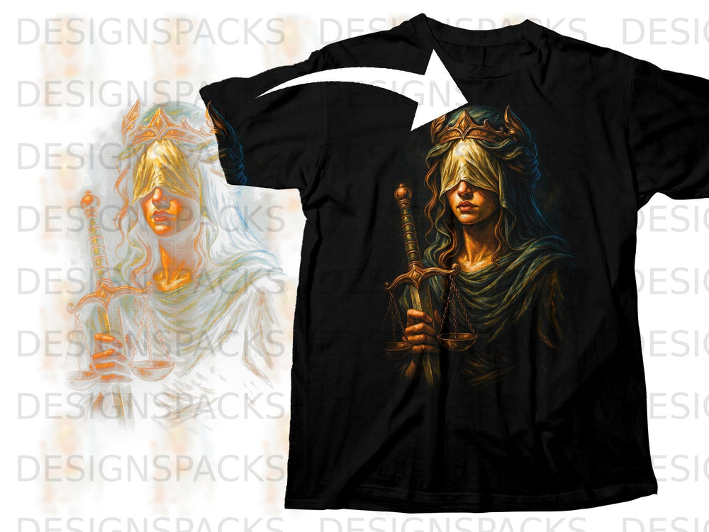 Black t-shirt with artwork of blindfolded Lady Justice holding scales and sword.
