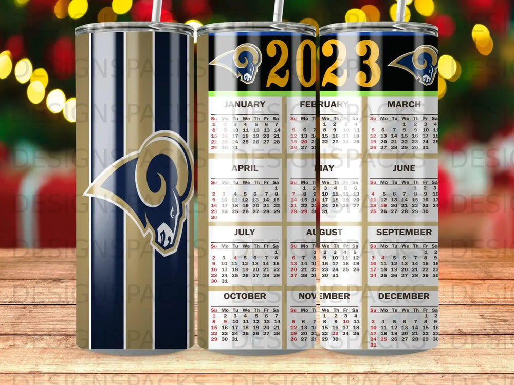 Los Angeles Rams 2023 calendar tumbler with team logo.