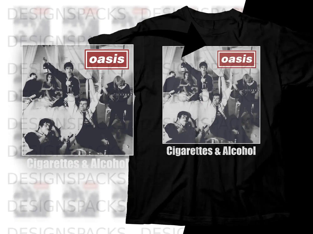 Oasis band on bed with "Cigarettes & Alcohol" text.