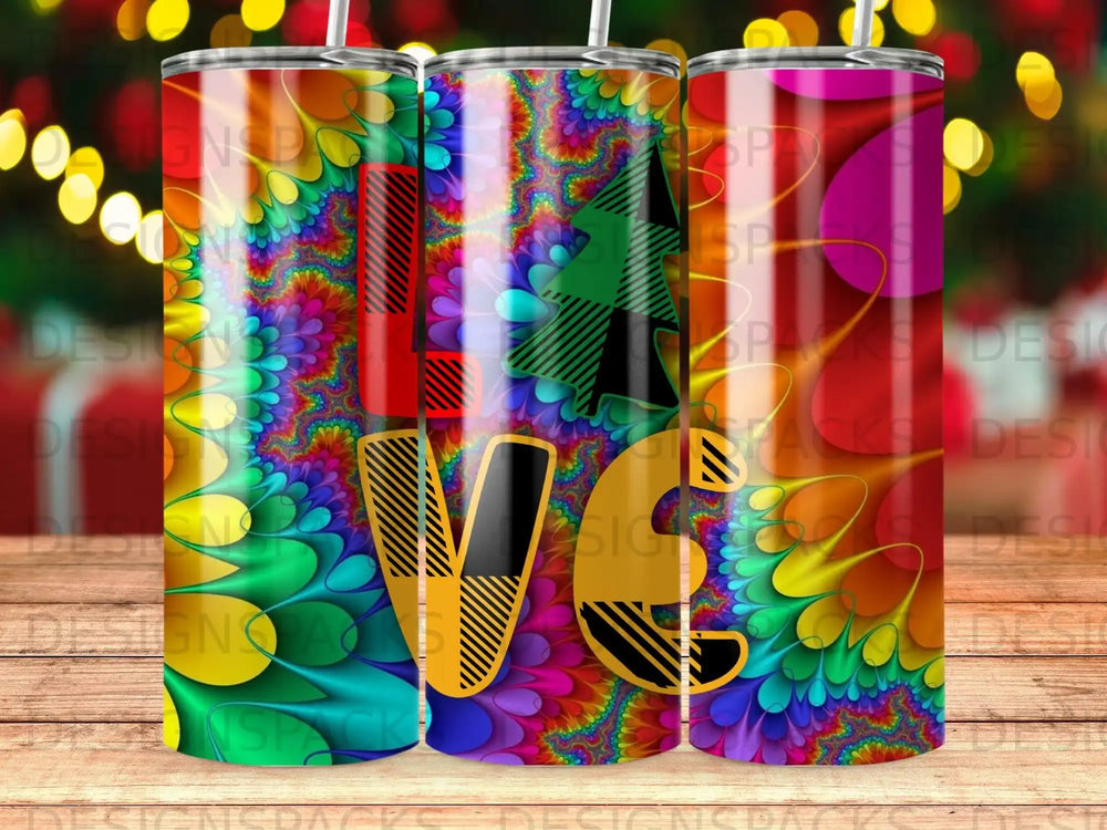 Colorful "LOVE" tumbler with Christmas tree and floral abstract background.