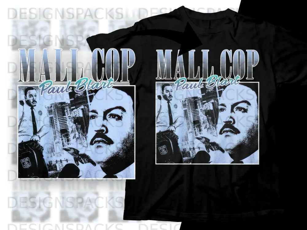 Mall Cop Paul Blart t-shirt design with cityscape background.