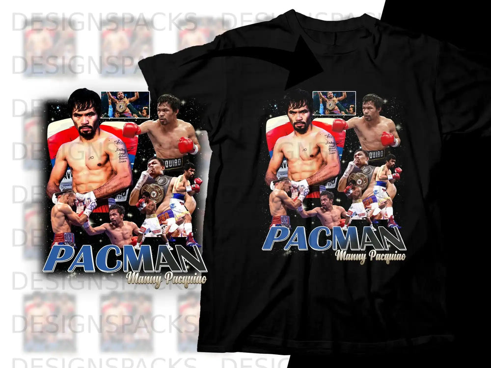 T-shirt with Manny Pacquiao in boxing poses, "Pacman" and "Manny Pacquiao" text.