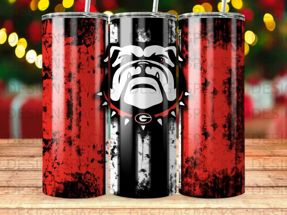Georgia Bulldogs logo on a distressed red and black striped tumbler.