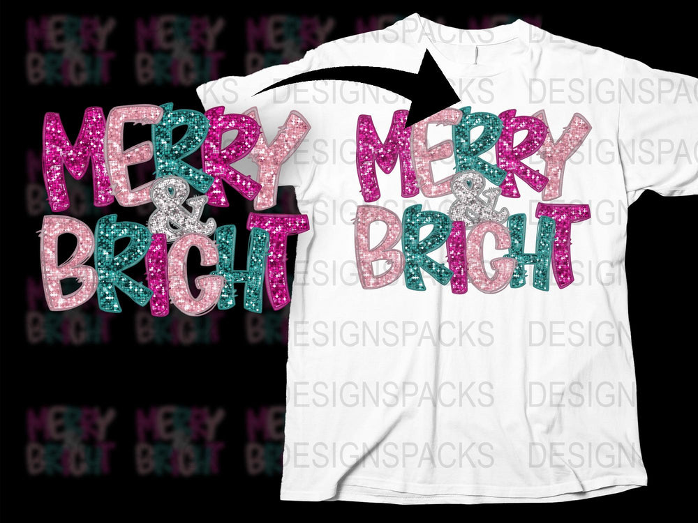 Merry and Bright Holiday T-Shirt, Colorful Festive Christmas Tee, Women's Glitter Graphic Shirt