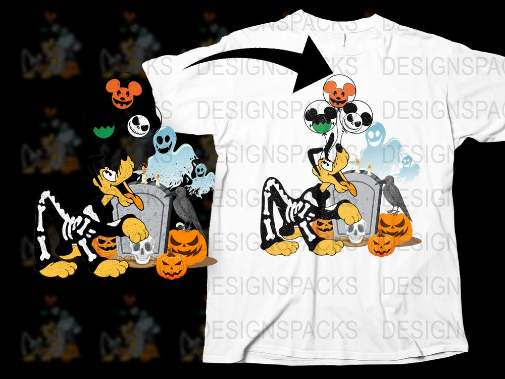 Halloween T-Shirt Skeleton Pumpkin Ghost Cartoon Design, Spooky Character Graphic Tee, Unisex Holiday Apparel