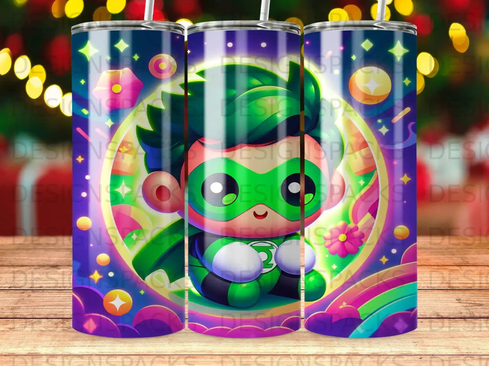 Cartoon superhero with green mask and cape sitting on rainbow.