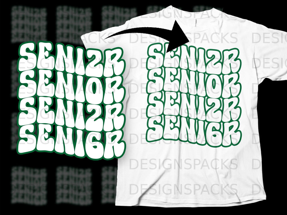 White t-shirt with green and white "SENIOR" text in a groovy font.