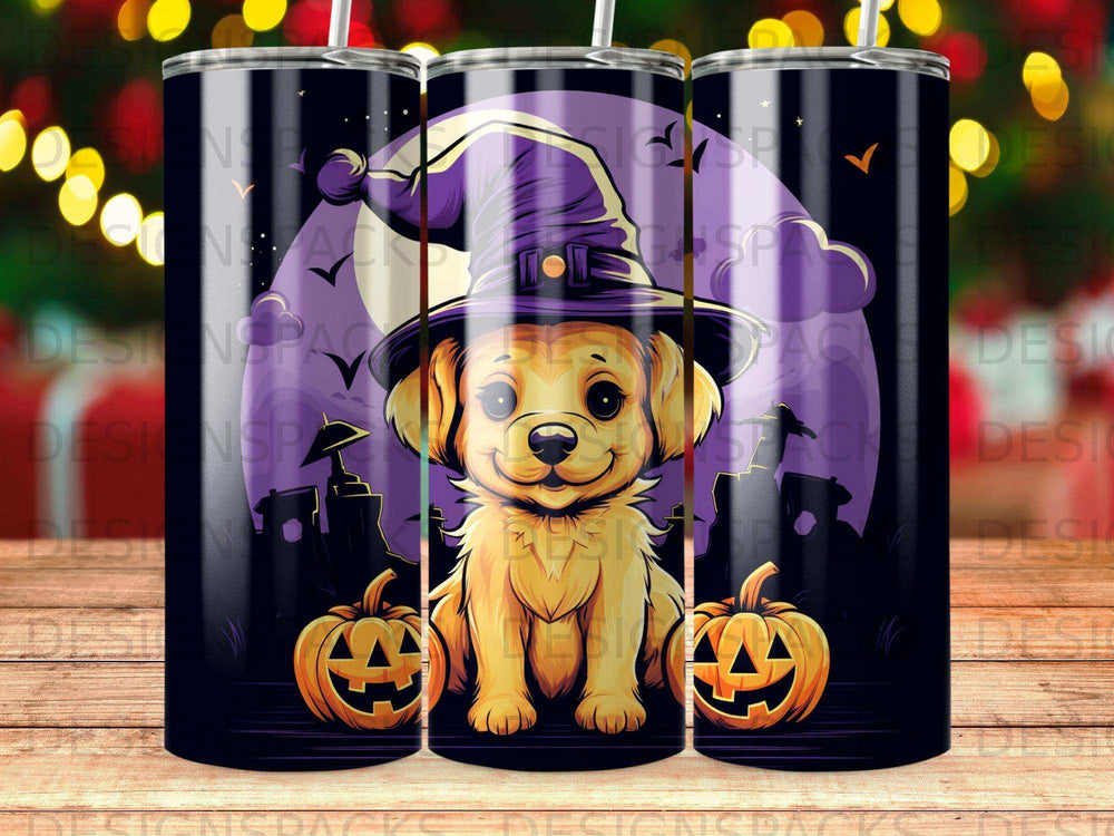 Golden retriever in witch hat with pumpkins, Halloween design.