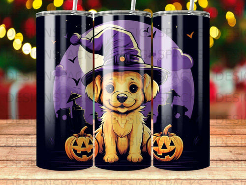 Golden retriever in witch hat with pumpkins, Halloween design.