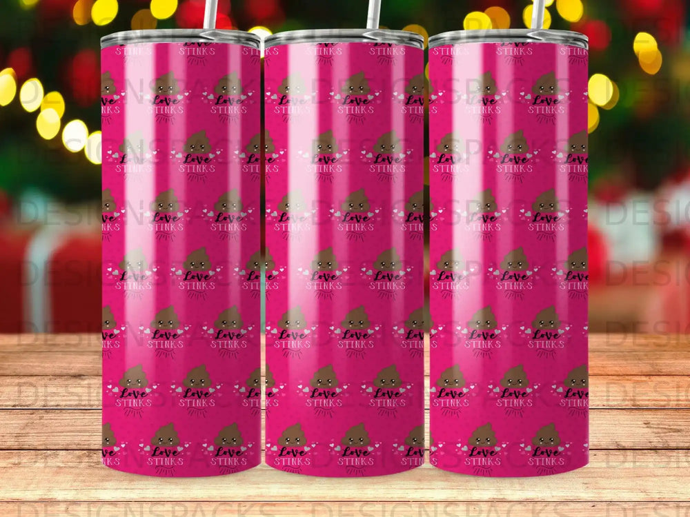 Pink tumbler with repeating "Love STINKS" text and heart graphics.