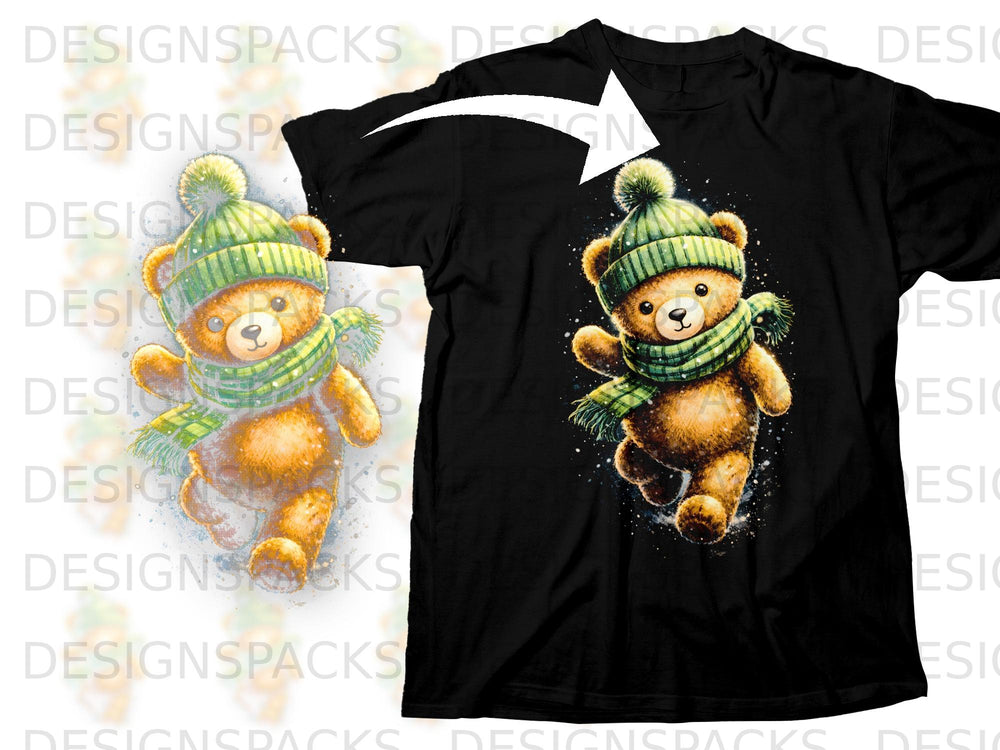 Black t-shirt featuring a watercolor teddy bear wearing a green hat and scarf.