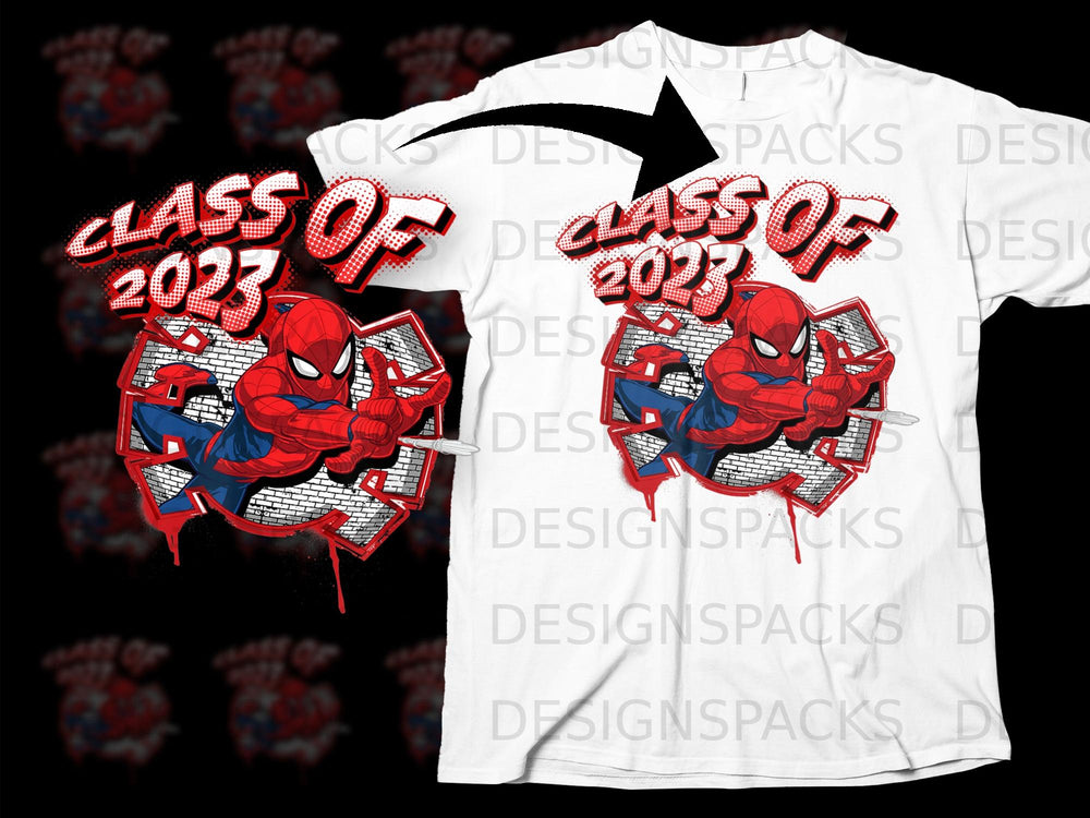 Spider-Man graphic with "Class of 2023" text on a white t-shirt.