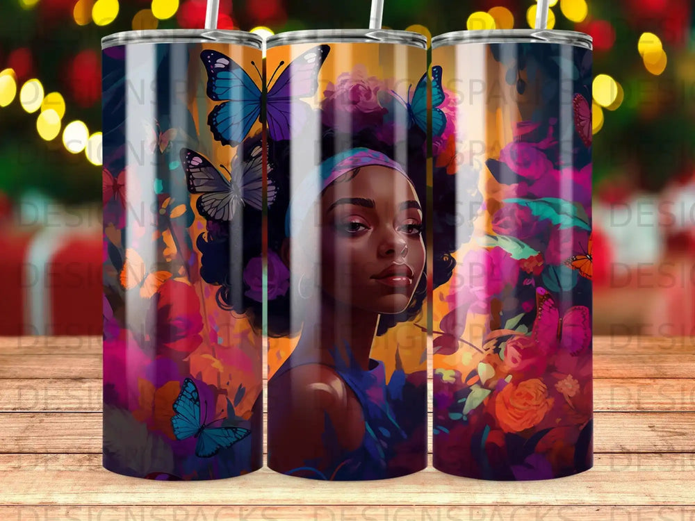 Woman with butterflies and floral background, vibrant colors, detailed artwork.