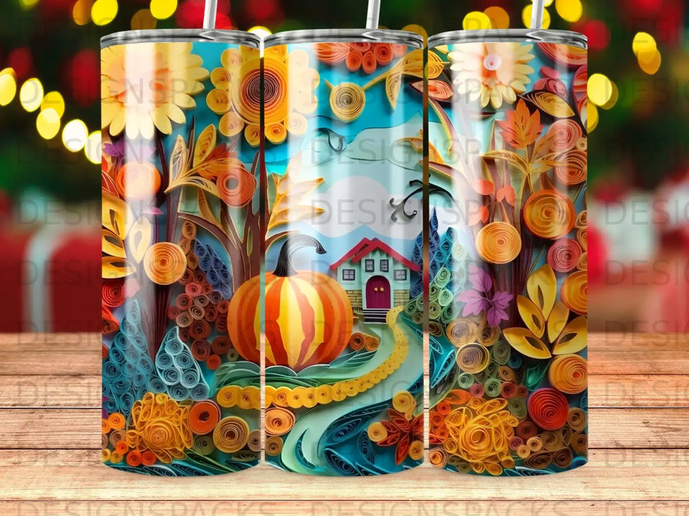 Three tall tumblers with a colorful autumn quilled paper landscape and pumpkin.
