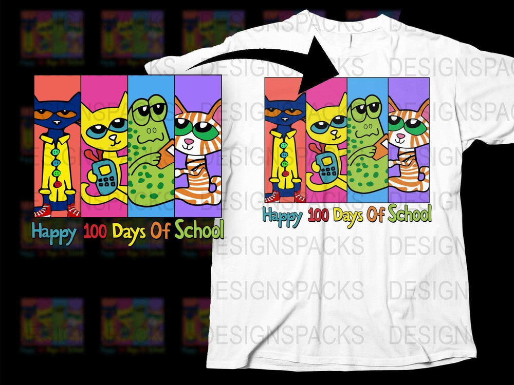 Colorful Cat Cartoon T-Shirt, Happy 100 Days of School, Kids Bright Printed Tee, Fun Animal Graphic Shirt for School Celebration.