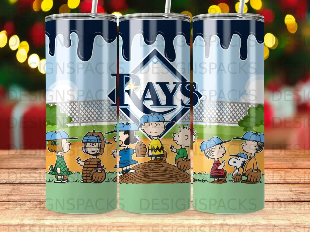Peanuts characters on a baseball field with the word "RAYS" across the top.