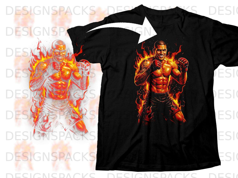 Black t-shirt featuring a muscular fighter engulfed in flames.