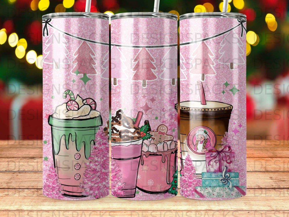 Pink glittery Christmas tumblers with hot chocolate and coffee designs.