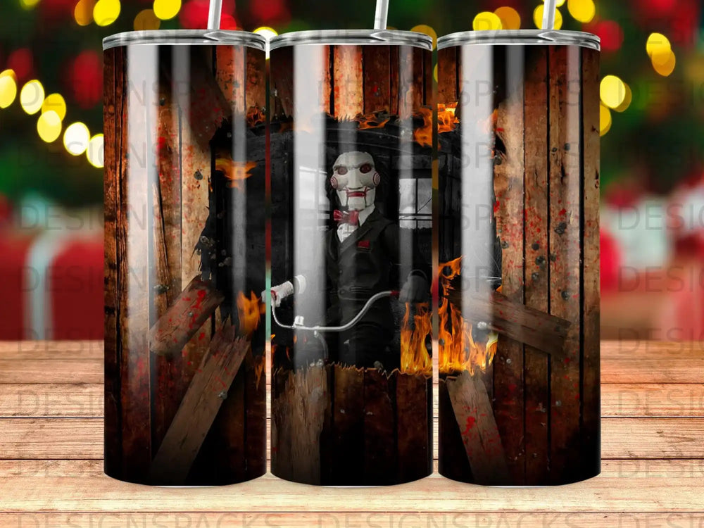 Billy the puppet from Saw rides a tricycle through a burning room.