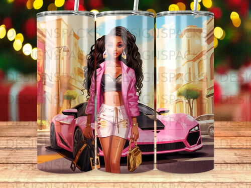 Woman in pink jacket and white shorts with a pink car.