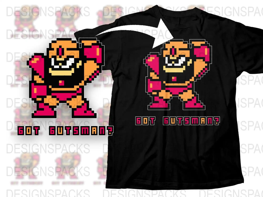 Retro Video Game T-Shirt, Pixel Art, Got Gutsman? Gamer Tee, 80s Nostalgia, Men's Black Shirt