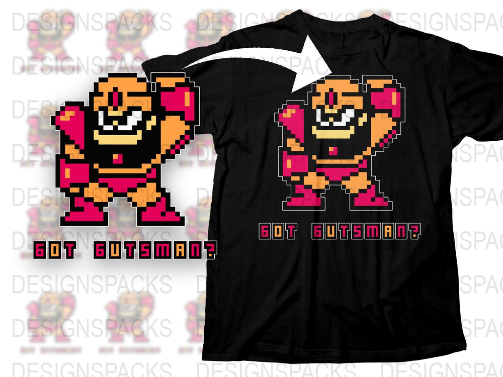 Retro Video Game T-Shirt, Pixel Art, Got Gutsman? Gamer Tee, 80s Nostalgia, Men's Black Shirt