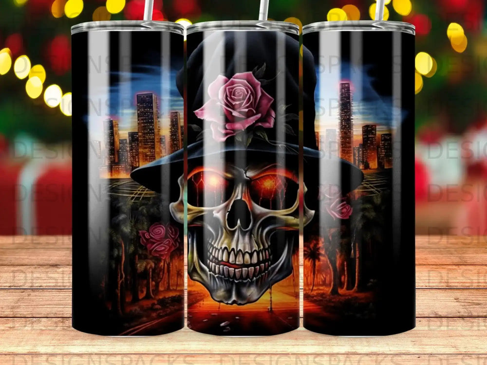 Skull in a top hat with roses, city skyline, and palm trees.