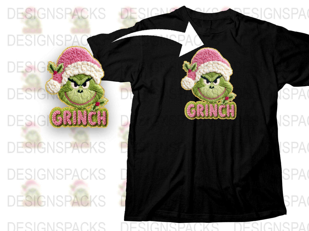 Grinch Embroidered T-Shirt, Funny Christmas Santa Hat Design, Holiday Casual Apparel for Men and Women