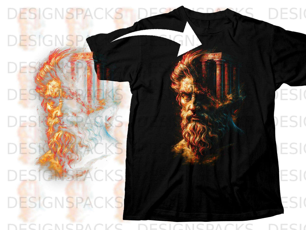 Black t-shirt with a dark, fiery depiction of an ancient bust and Greek columns.